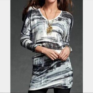 Cabi Paint Brush Small Long Sleeve V-Neck Abstract Print Tunic In Black & White